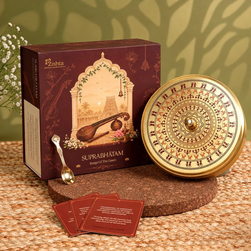 Zishta Worli art brass box with brass spoon, Sanskrit shloka cards and the maroon Suprabhatam gift box, a corporate Diwali gift